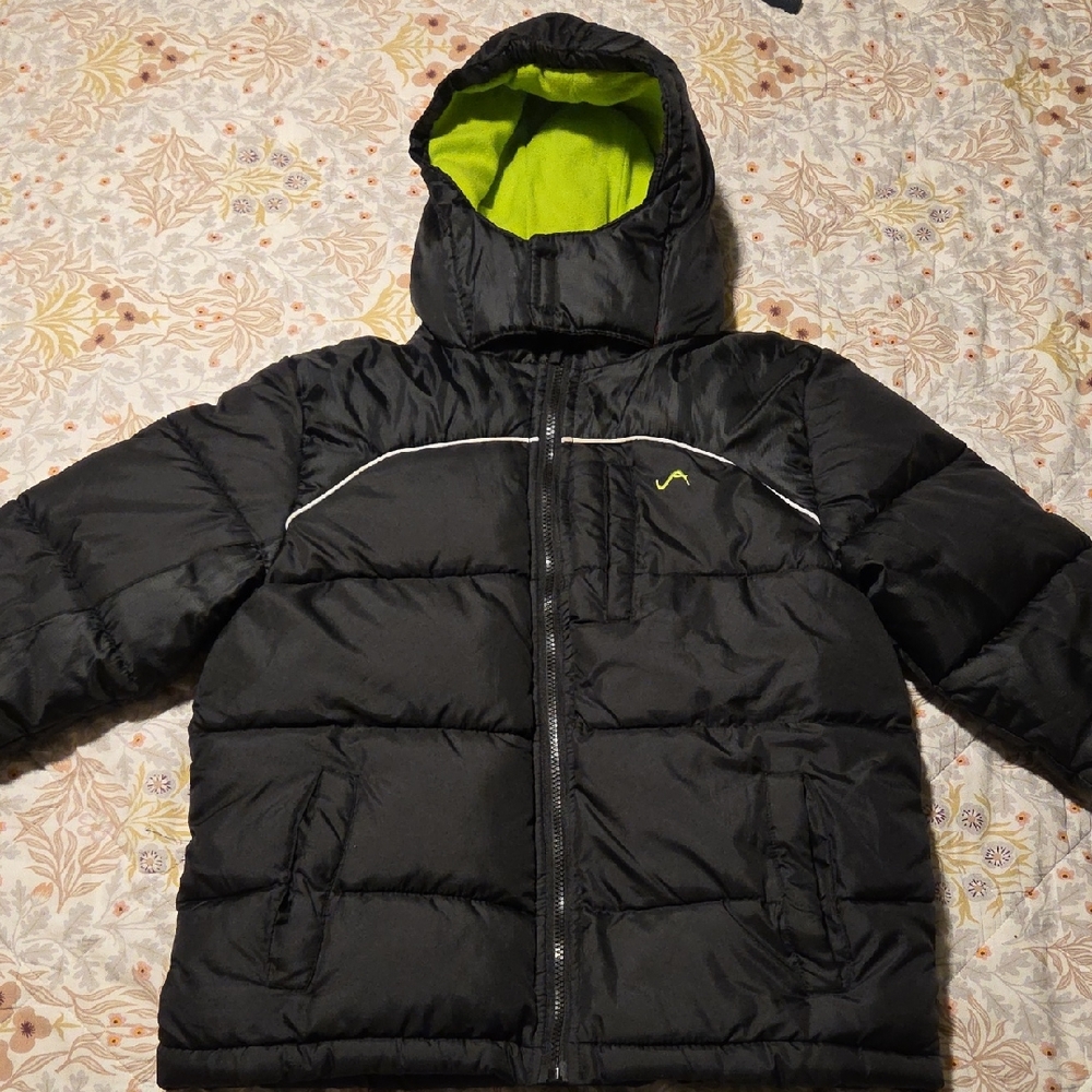 Vertical '9 Black Hooded Puffer Coat